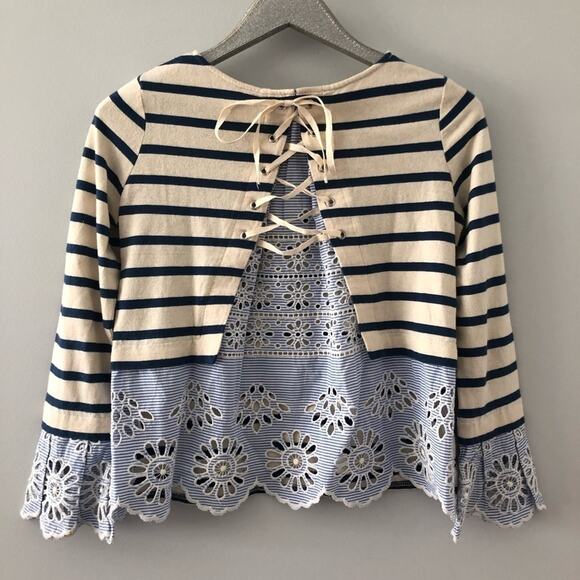 Sea New York Stripe Eyelet Hem Lace Up Back Top - Picture 6 of 9